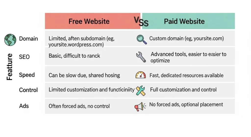 free vs paid website features comparison chart for business