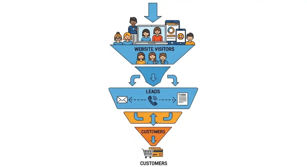 “website converting visitors into leads and customers funnel”