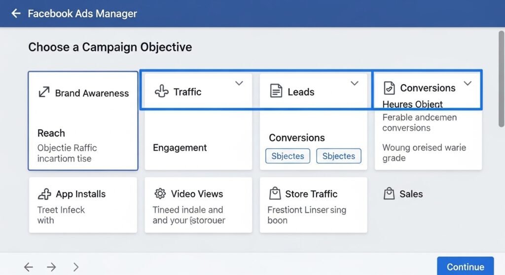 facebook ads campaign objective selection leads traffic conversions