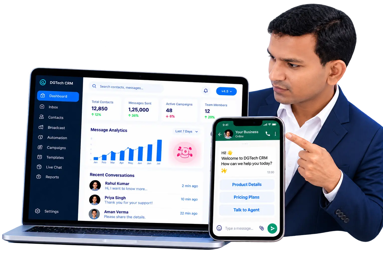 DGTech CRM dashboard, WhatsApp chat and business automation