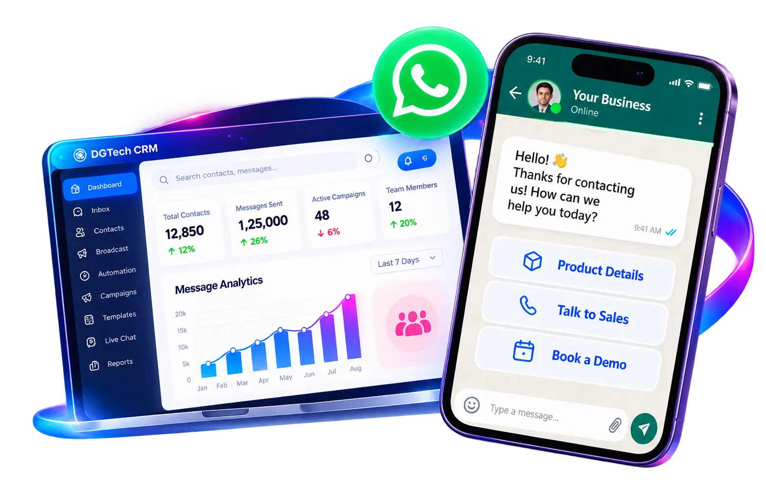 DGTech WhatsApp CRM dashboard and mobile chat automation